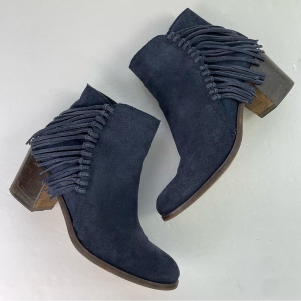 Kenneth Cole Reaction Rotini Blue Suede Fringe Block Heel Booties - Picture 10 of 14